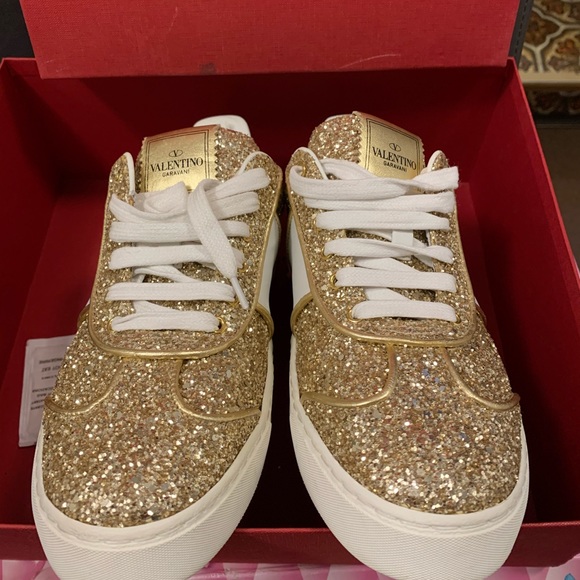Valentino Garavani Shoes - Valentino Rockstud Fly Crew Gold Glitter Sneakers